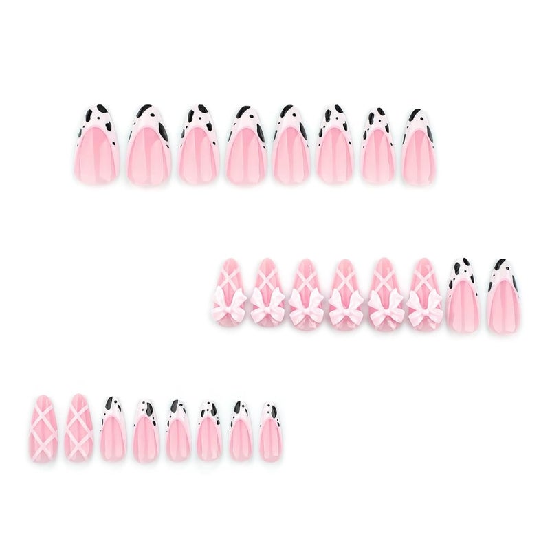 ASABITE 24 Pcs Pink Almond Press on Nails Short Medium Fake Nails with Glue, Reusable Press on Nails Acrylic Artificial Nails, Cute French Tip False Nails with Bow Cow Pattern Design Almond Nails for Women - Image 4
